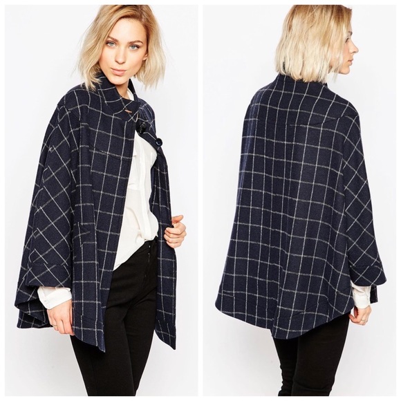 HELENE BERMAN LONDON 🍁 WOOL BLEND KIMONO COAT NAVY & WHITE LARGE CHECK - Picture 6 of 15